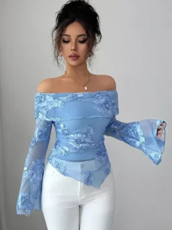 Off Shoulder Mesh Long Sleeve Top With 3D Floral Embroidery For Women 2026