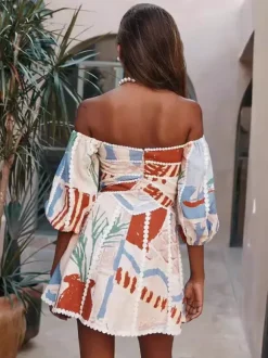 Off Shoulder Printed Mini Dress for Women - Puff Sleeve V Neck Lace Trim Fit and Flare Sundress - Summer Beach Party 2026