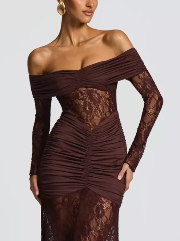 Off Shoulder Ruched Lace Splicing Long Sleeve Bodycon Maxi Dress For Women 2026