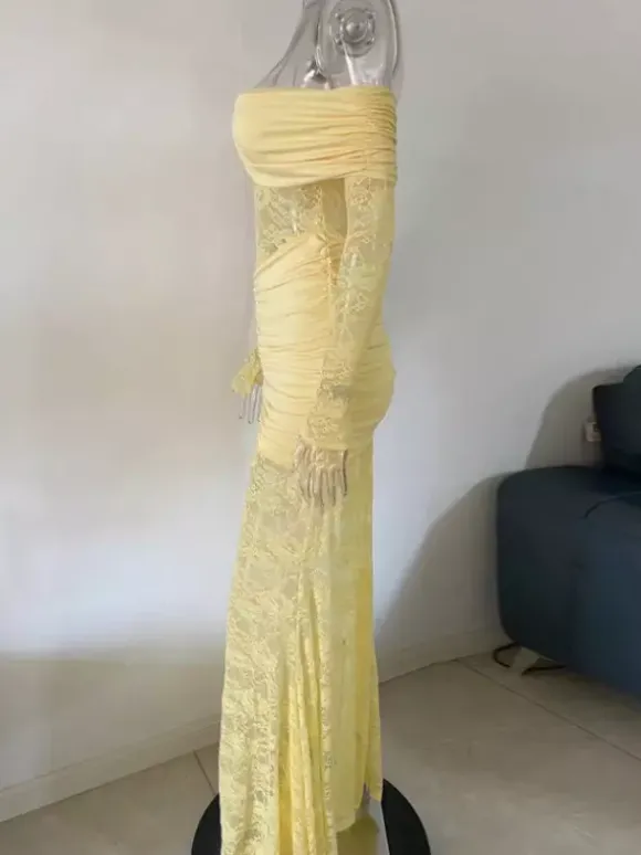 Off Shoulder Ruched Lace Splicing Long Sleeve Bodycon Maxi Dress For Women 2026
