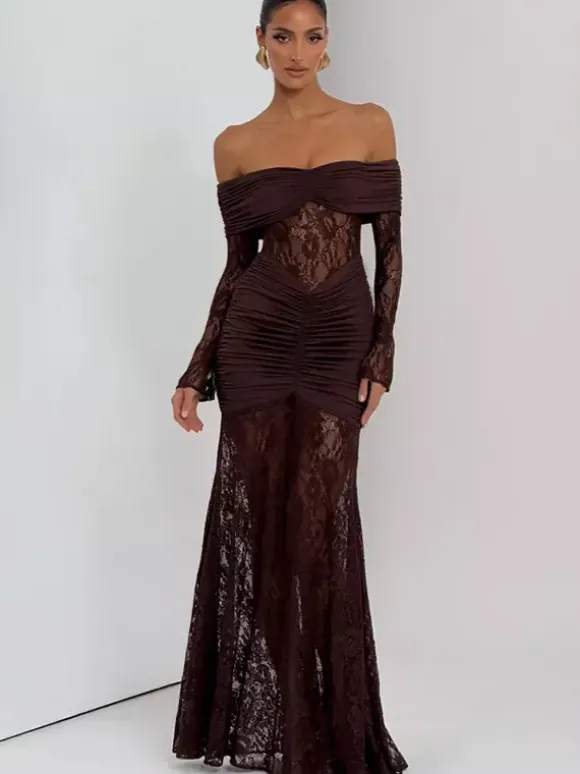 Off Shoulder Ruched Lace Splicing Long Sleeve Bodycon Maxi Dress For Women 2026