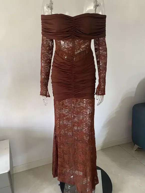 Off Shoulder Ruched Lace Splicing Long Sleeve Bodycon Maxi Dress For Women 2026