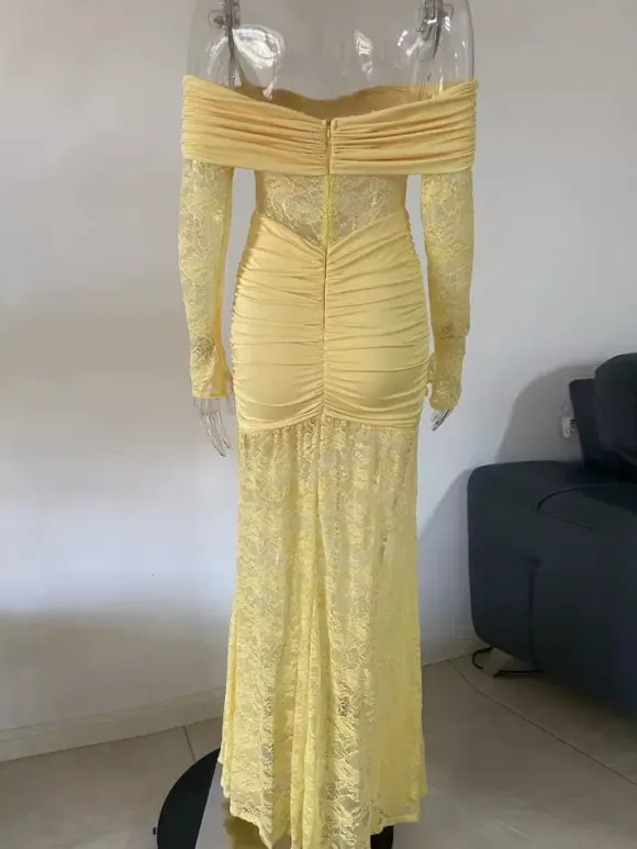 Off Shoulder Ruched Lace Splicing Long Sleeve Bodycon Maxi Dress For Women 2026