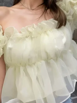 Off Shoulder Ruffle Bubble Sleeve Organza Peplum Crop Top Fairy Blouse For Women