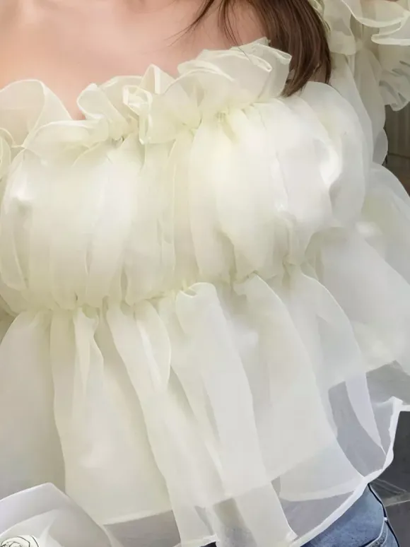 Off Shoulder Ruffle Bubble Sleeve Organza Peplum Crop Top Fairy Blouse For Women