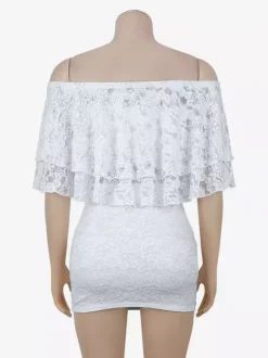 Off Shoulder Ruffle Lace Crop Top Ring Ruched Mini Skirt 2 Piece Set