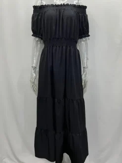 Off Shoulder Smocked Maxi Dress For Women - Boho Tiered A-Line Beach Gown with Puffy Sleeves - Summer Vacation 2026