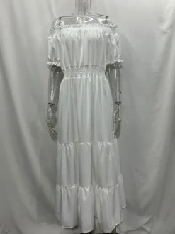 Off Shoulder Smocked Maxi Dress For Women - Boho Tiered A-Line Beach Gown with Puffy Sleeves - Summer Vacation 2026