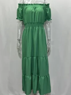 Off Shoulder Smocked Maxi Dress For Women - Boho Tiered A-Line Beach Gown with Puffy Sleeves - Summer Vacation 2026