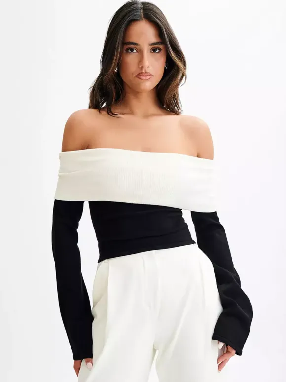 Off Shoulder Two Tone Color Block Knit Long Sleeve Top For Women 2026