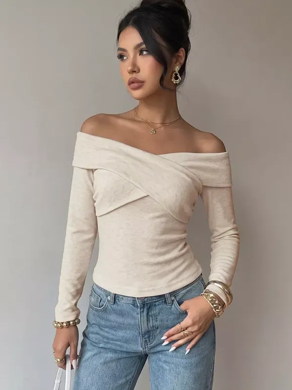 Off-the-Shoulder Cross Wrap Long Sleeve Slim Knit Top Elegant Y2K Basic Shirt