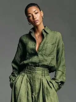 Olive Green 2 Piece Set For Women - Button Down Shirt And Retro High Waist Wide Leg Trouser - Spring Office Casual 2026