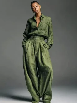 Olive Green 2 Piece Set For Women - Button Down Shirt And Retro High Waist Wide Leg Trouser - Spring Office Casual 2026