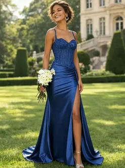 Olive Green Satin Mermaid Prom Dress Spaghetti Strap Beaded Sheer Corset High Slit Long Evening Gown
