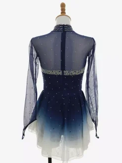 Ombré Deep Blue Figure Skating Dress Long Sleeve Rhinestone Mesh Competition Wear For Girls And Women