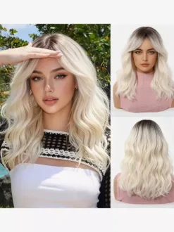 Ombre Dark Root Long Loose Wave Synthetic Wig Curtain Bang Pastel Color Hair Wig