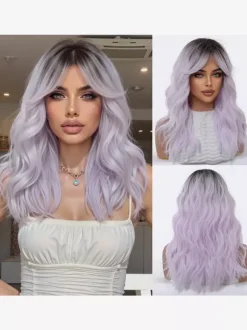 Ombre Dark Root Long Loose Wave Synthetic Wig Curtain Bang Pastel Color Hair Wig
