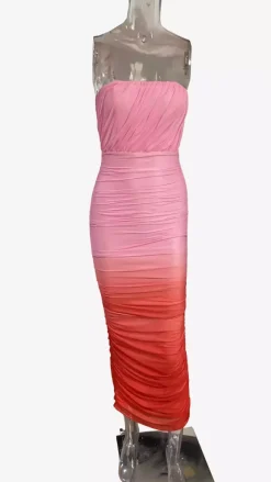 Ombre Strapless Maxi Dress for Women - Peach Ruched Bodycon Tube Dress with Back Slit - Summer Resort Wear 2026