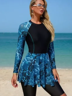 One Piece Swimsuits For Women Dark Navy Printed Jewel Neck Summer Sexy Bathing Suits