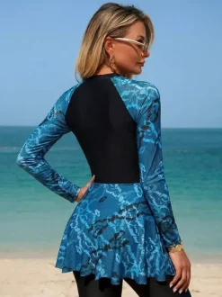 One Piece Swimsuits For Women Dark Navy Printed Jewel Neck Summer Sexy Bathing Suits