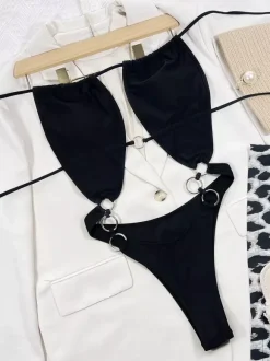 One Piece Swimsuits For Women Black Cut Out Halter Summer Beach Swimming Suits