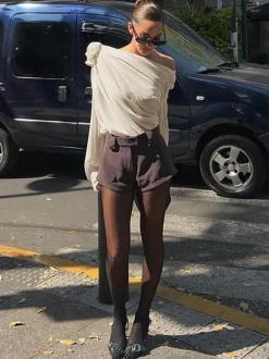 One Shoulder Tees Pleated Asymmetrical Shirt For Women