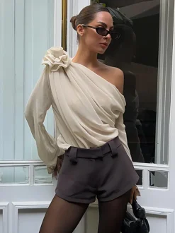 One Shoulder Tees Pleated Asymmetrical Shirt For Women