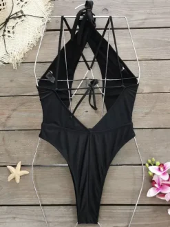 One Piece Swimsuits For Women Black Cut Out Halter Cross Front Summer Beach Bathing Suits