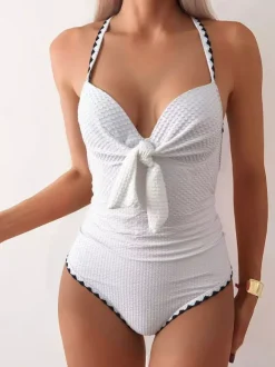 One Piece Swimsuits For Women White Bows Summer Beach Swimwear