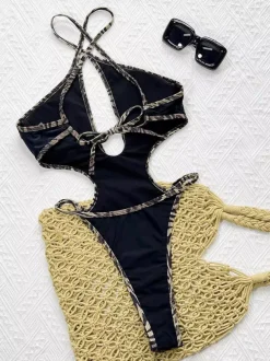 One Piece Swimsuits For Women Black Cut Out Halter Cross Front Summer Beach Bathing Suits