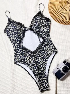 One Piece Swimsuits For Women Leopard Animal Print Cut Out Straps Neck Summer Sexy Bathing Suits