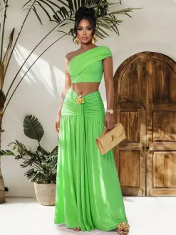 One Shoulder Crop Top Metal Buckle Ruched Maxi Skirt 2 Piece Set