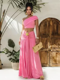 One Shoulder Crop Top Metal Buckle Ruched Maxi Skirt 2 Piece Set