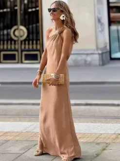 One Shoulder Maxi Dress for Women - Boho Knot Neck Sleeveless Loose Fit Column Sundress - Summer Resort Holiday 2026