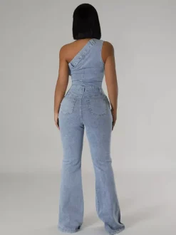 One Shoulder Washed Denim Jumpsuit For Women - Light Blue Y2K Sexy Flared Slim Romper - Summer Night Out Clubwear 2026