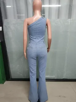 One Shoulder Washed Denim Jumpsuit For Women - Light Blue Y2K Sexy Flared Slim Romper - Summer Night Out Clubwear 2026
