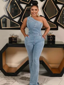 One Shoulder Washed Denim Jumpsuit For Women - Light Blue Y2K Sexy Flared Slim Romper - Summer Night Out Clubwear 2026
