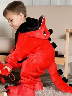 Onesie Kigurumi Pajamas Red Dinosaur Kids Flannel Easy Toilet Winter Sleepwear Mascot Animal Halloween Costume onesie pajamas