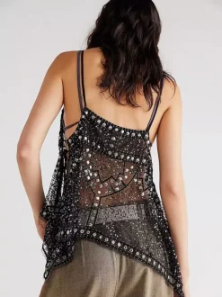 Orange Cami Top Straps Neck Sequins Beaded Chic Backless Camis For Women