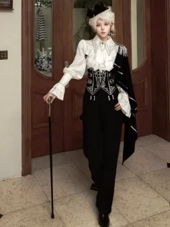 Ouji Lolita Gothic Long Sleeves Cloak White Top Black Cummerbund Pants Outfits