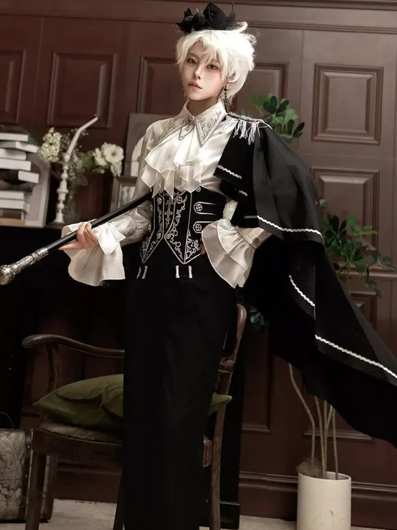 Ouji Lolita Gothic Long Sleeves Cloak White Top Black Cummerbund Pants Outfits