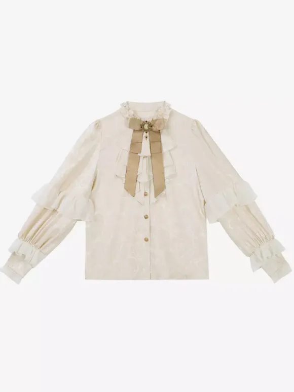 Ouji Prince Lolita White Top Dress Set Ruffles Lace Long Sleeves Lolita Set