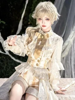 Ouji Prince Lolita White Top Dress Set Ruffles Lace Long Sleeves Lolita Set