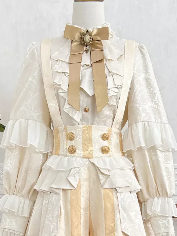 Ouji Prince Lolita White Top Dress Set Ruffles Lace Long Sleeves Lolita Set