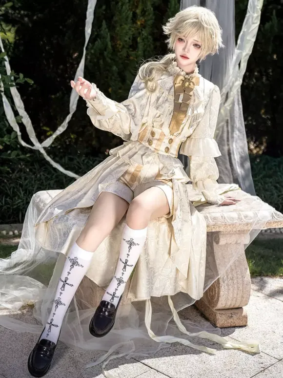 Ouji Prince Lolita White Top Dress Set Ruffles Lace Long Sleeves Lolita Set