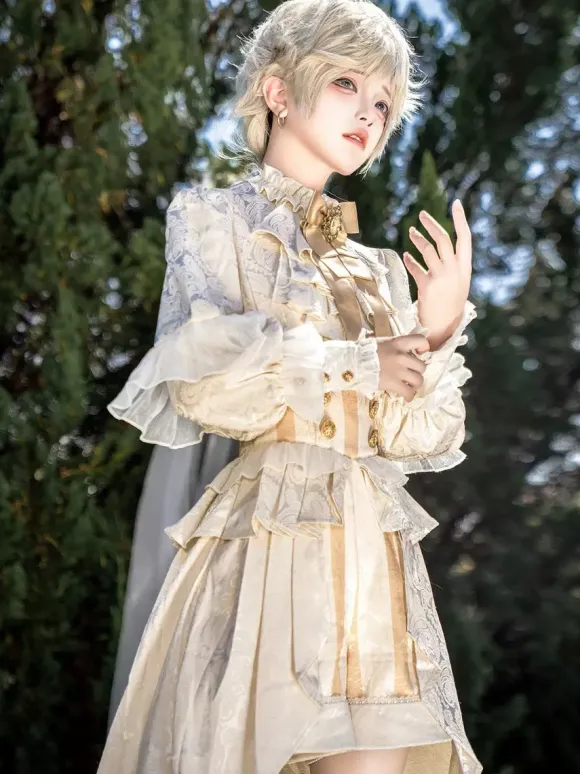 Ouji Prince Lolita White Top Dress Set Ruffles Lace Long Sleeves Lolita Set