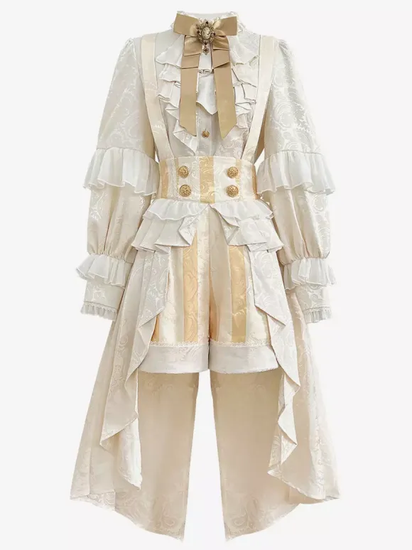 Ouji Prince Lolita White Top Dress Set Ruffles Lace Long Sleeves Lolita Set
