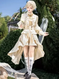Ouji Prince Lolita White Top Dress Set Ruffles Lace Long Sleeves Lolita Set