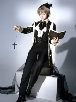 Ouji Lolita Dresses Gothic Black Classic Ruffles Cross Long Sleeves Shirt Overcoat Pants Sets