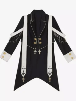 Ouji Lolita Dresses Gothic Black Classic Ruffles Cross Long Sleeves Shirt Overcoat Pants Sets
